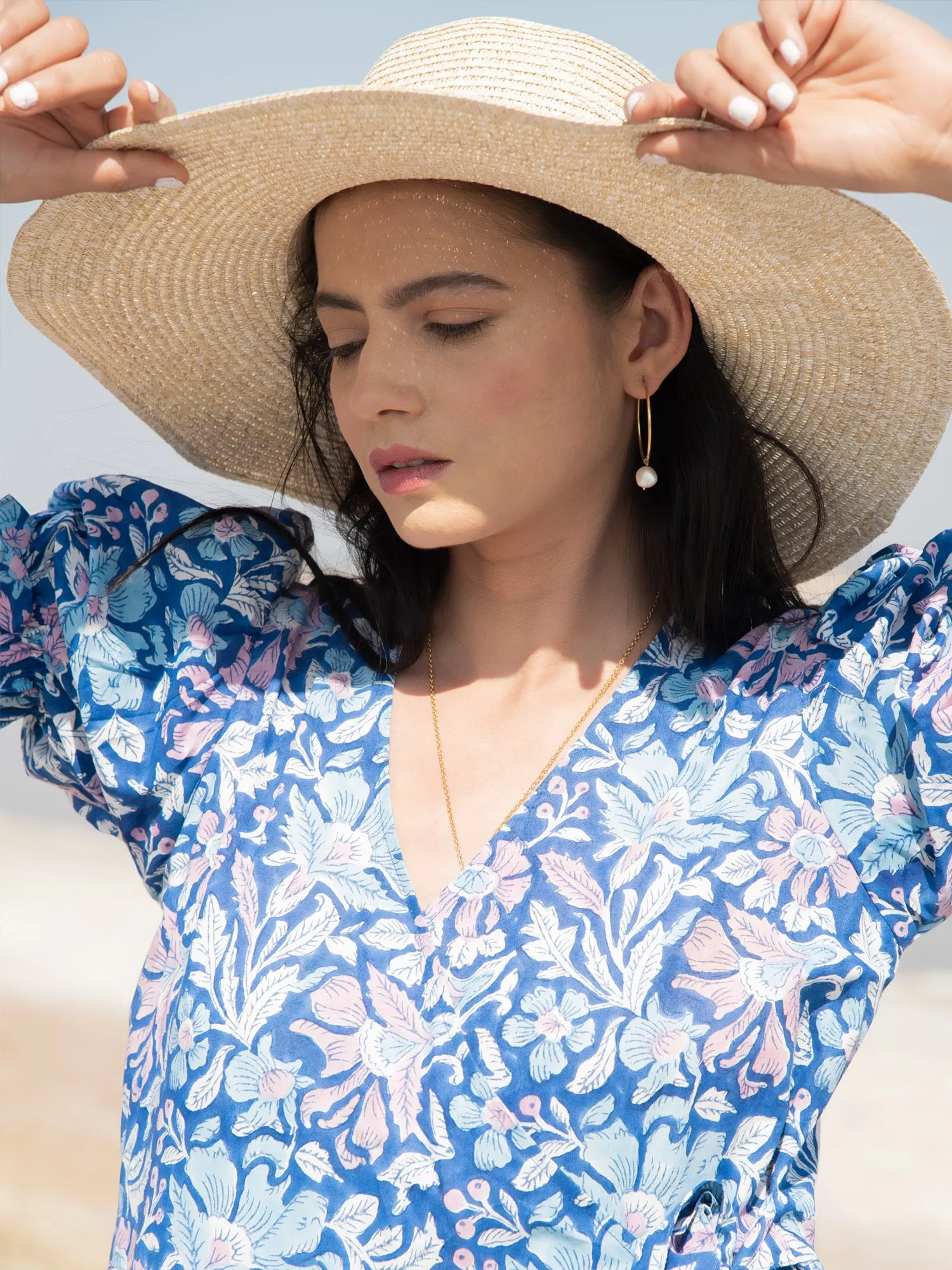Blue Lagoon Tier Wrap Dress - Blue Hand Block Printed Tiered Wrap Dress