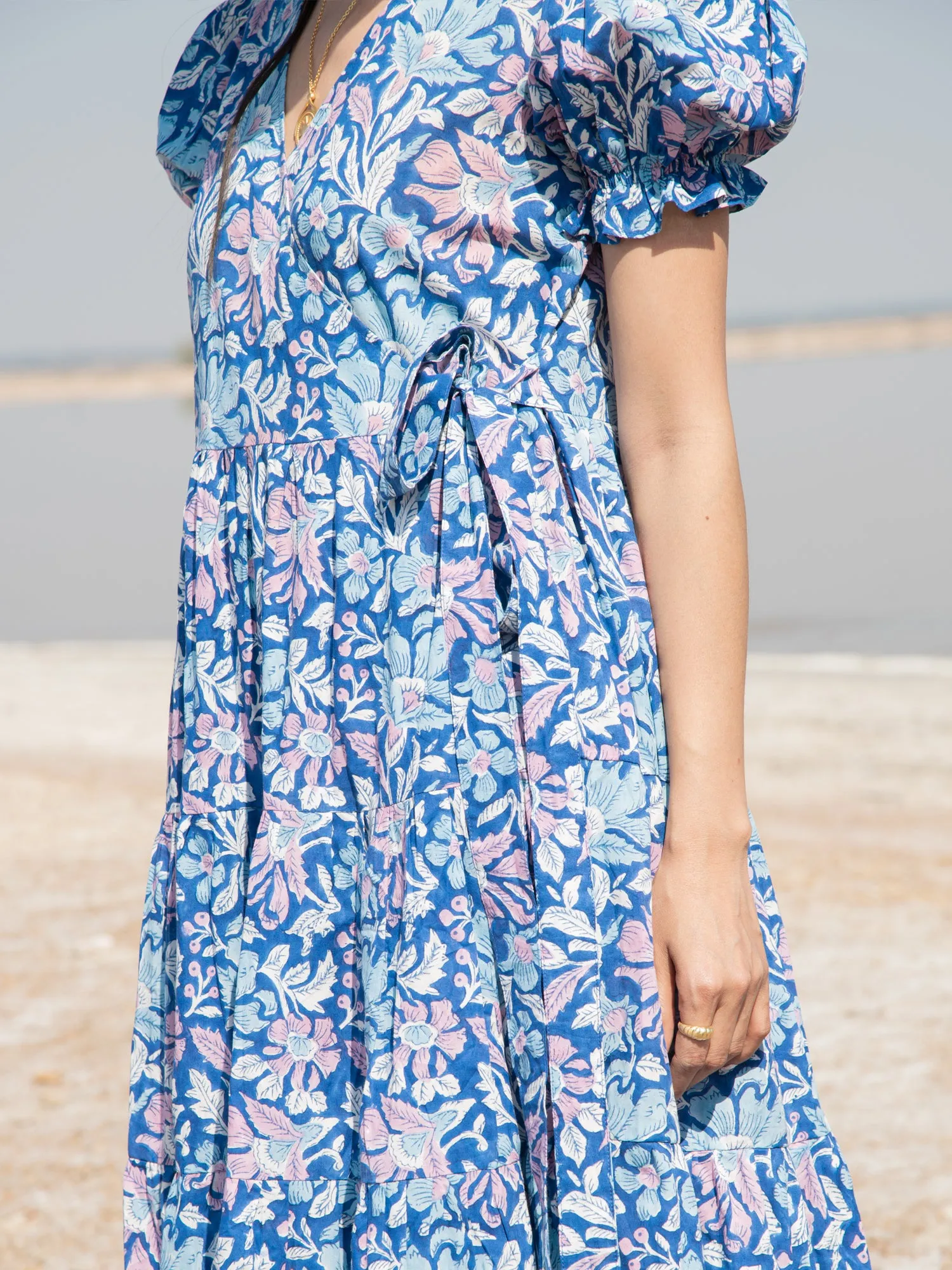 Blue Lagoon Tier Wrap Dress - Blue Hand Block Printed Tiered Wrap Dress