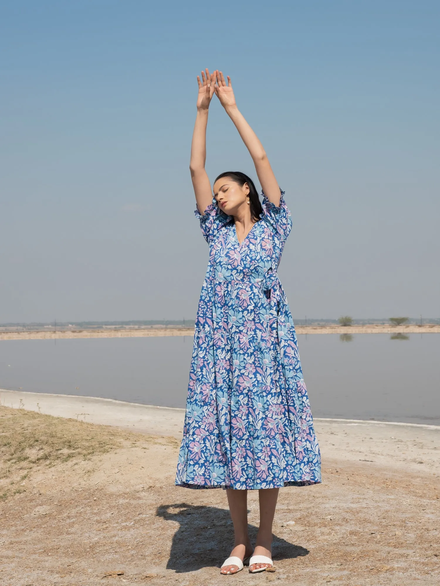Blue Lagoon Tier Wrap Dress - Blue Hand Block Printed Tiered Wrap Dress