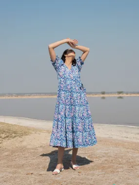 Blue Lagoon Tier Wrap Dress - Blue Hand Block Printed Tiered Wrap Dress