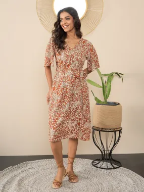Brown Polyester Floral Print Wrap Dress