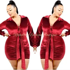 BURGUNDY VELVET SLEEVE MINI DRESS -VELVET