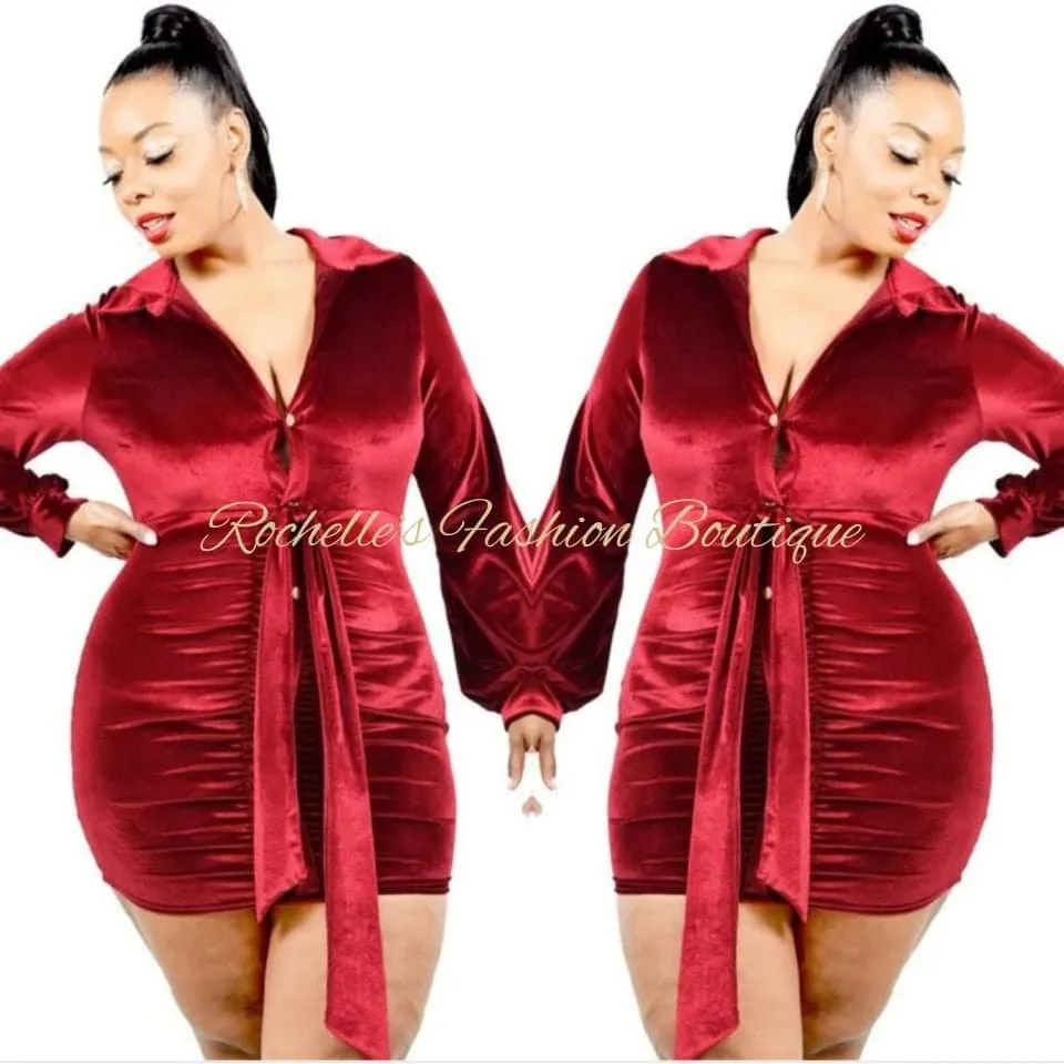 BURGUNDY VELVET SLEEVE MINI DRESS -VELVET
