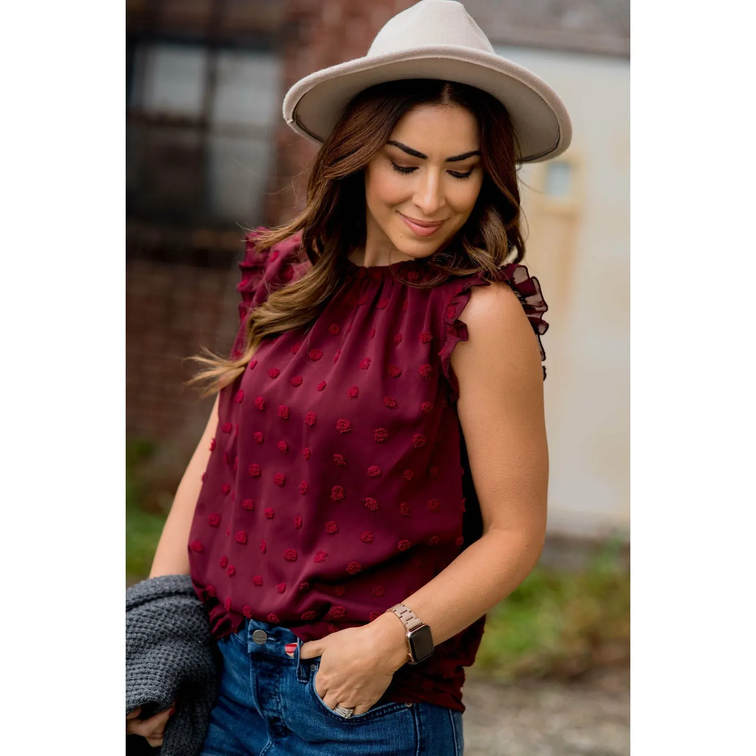 Cinched Neck Ruffle Swiss Dot Tank