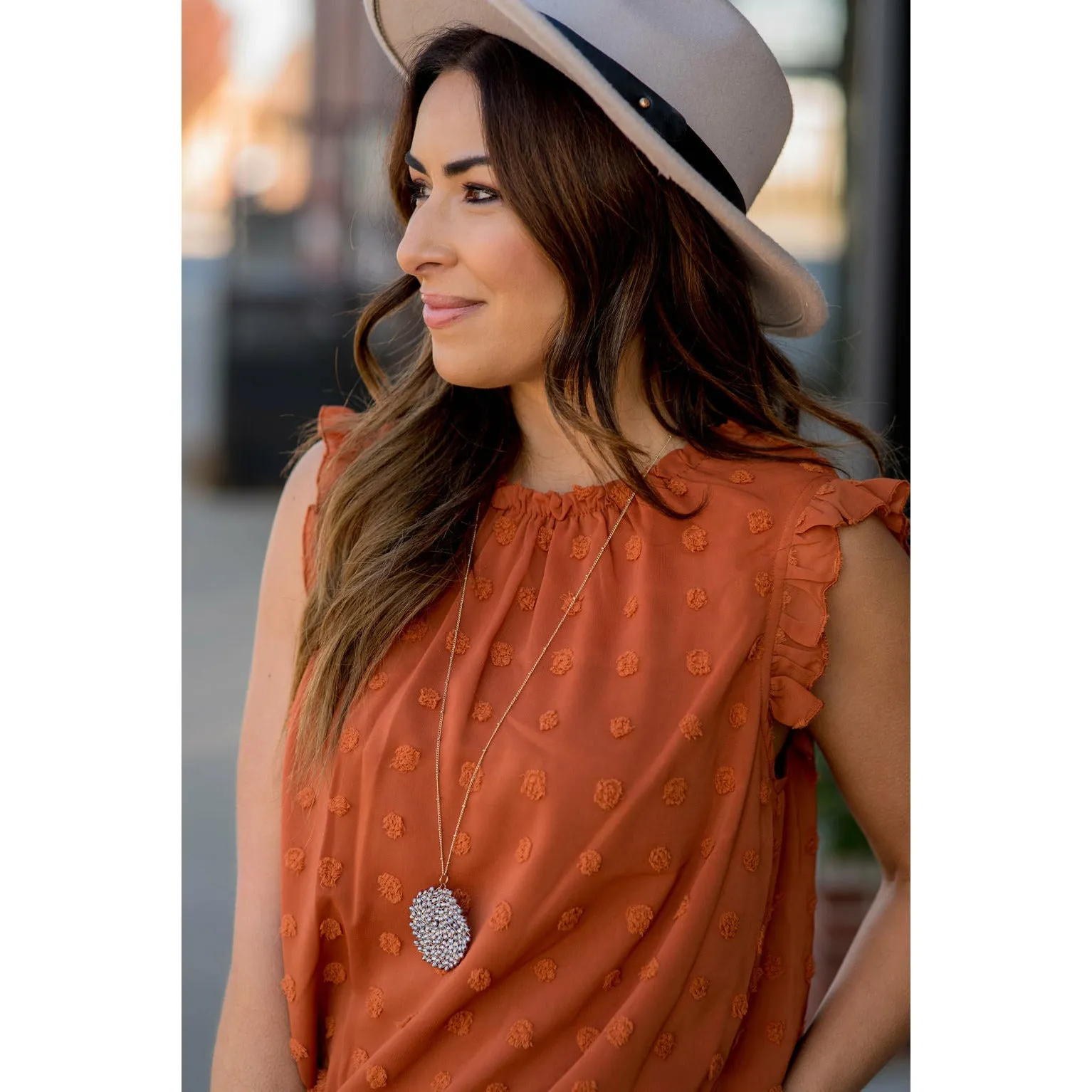 Cinched Neck Ruffle Swiss Dot Tank
