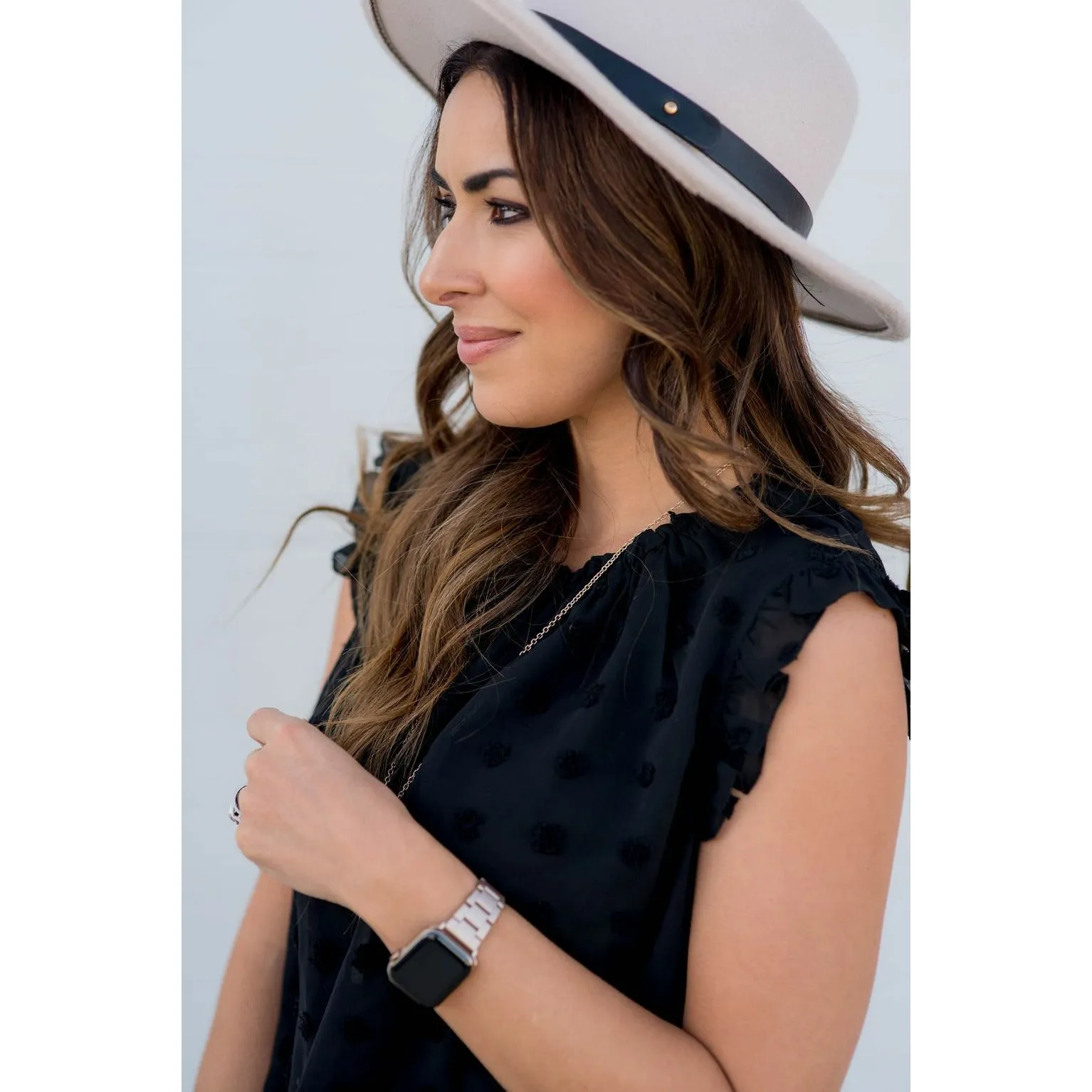 Cinched Neck Ruffle Swiss Dot Tank
