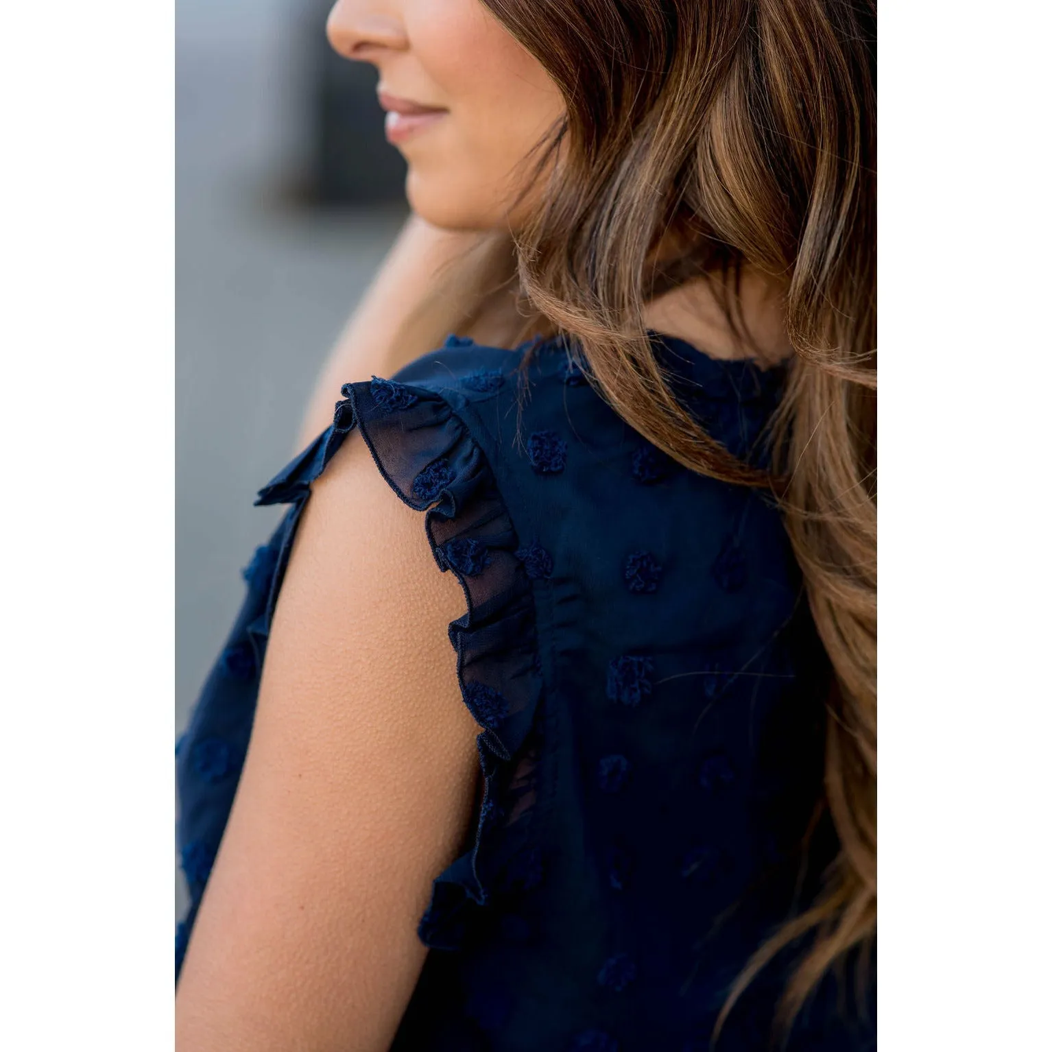 Cinched Neck Ruffle Swiss Dot Tank