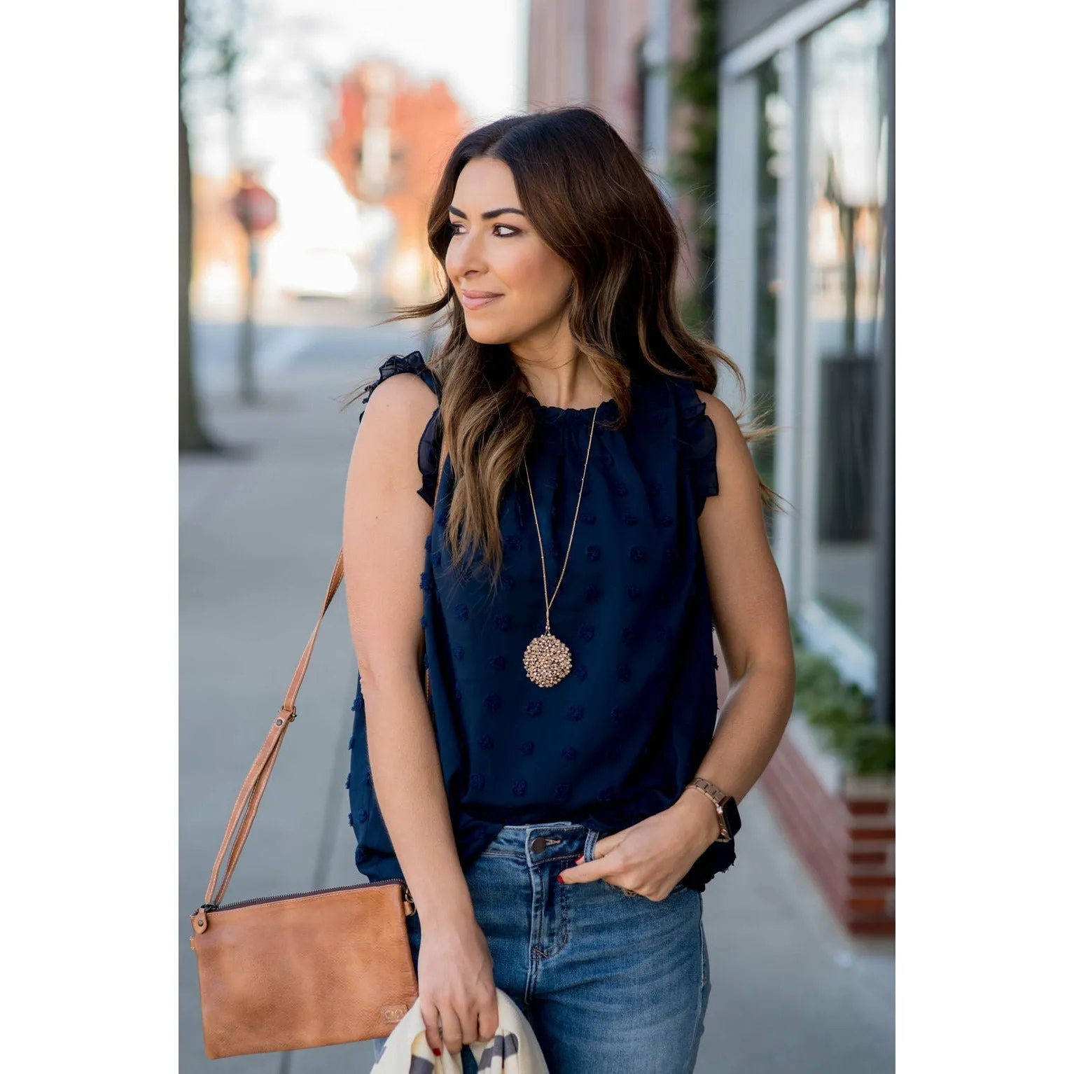 Cinched Neck Ruffle Swiss Dot Tank