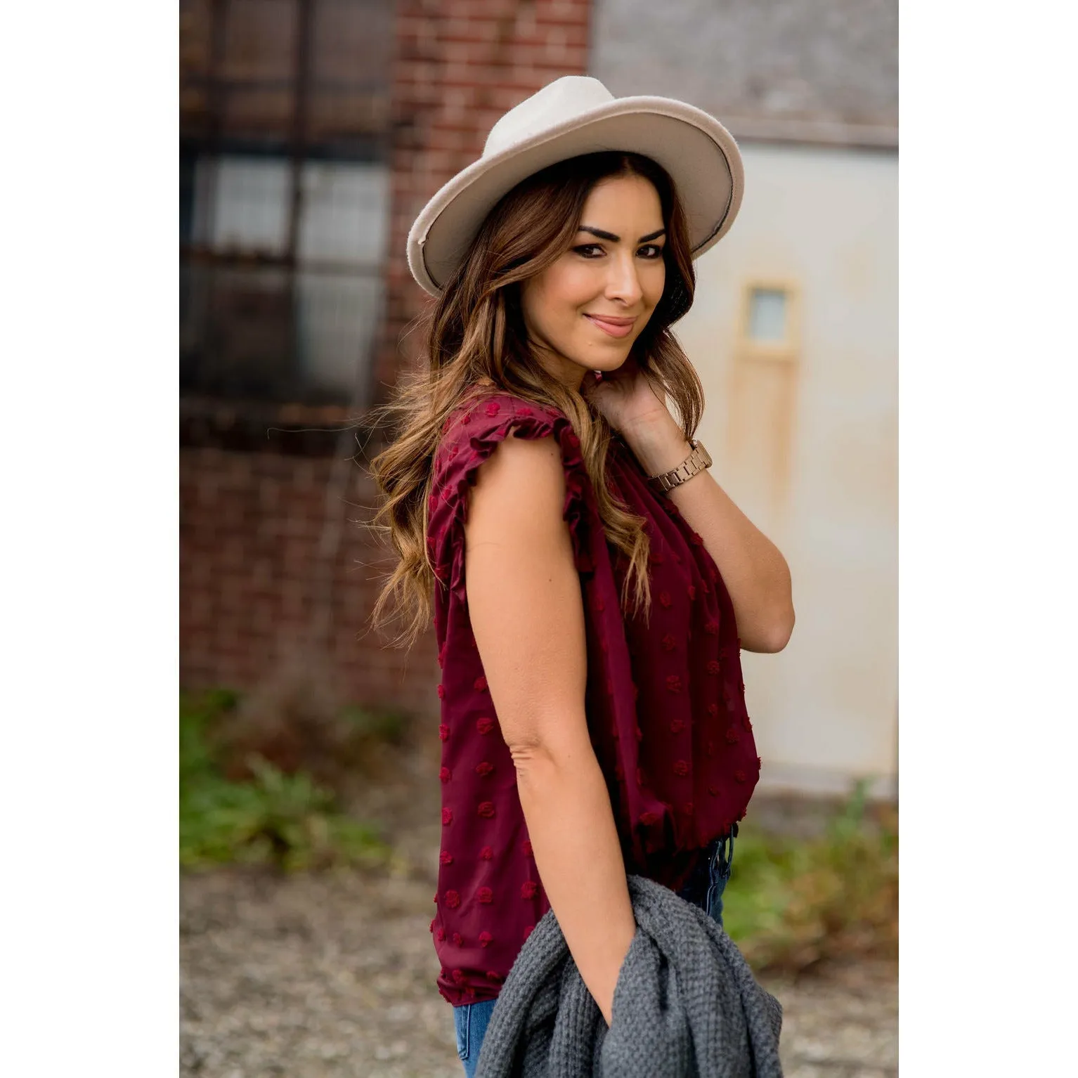 Cinched Neck Ruffle Swiss Dot Tank