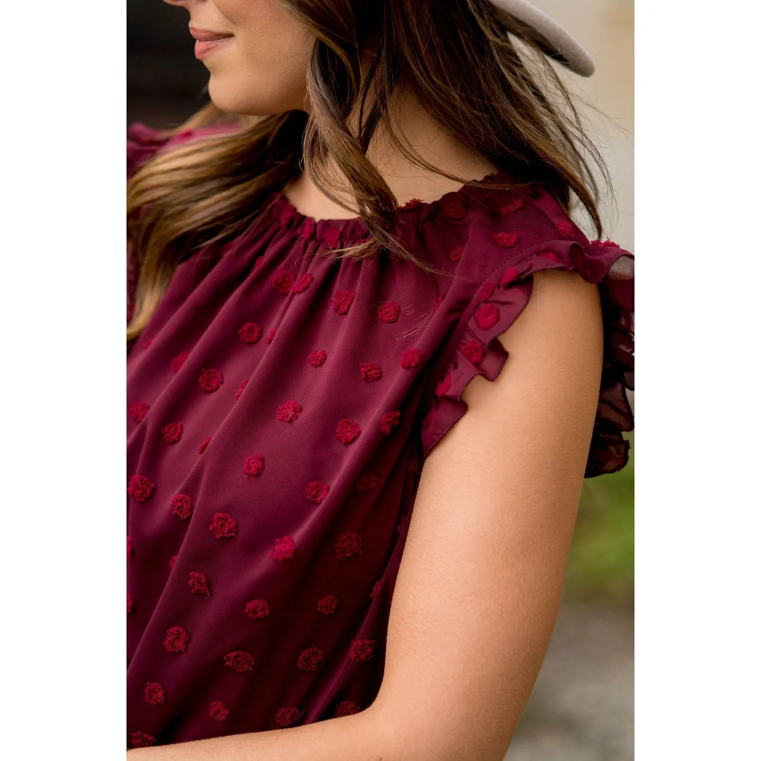 Cinched Neck Ruffle Swiss Dot Tank