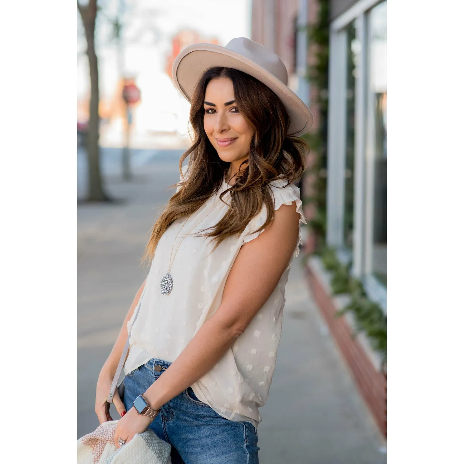 Cinched Neck Ruffle Swiss Dot Tank