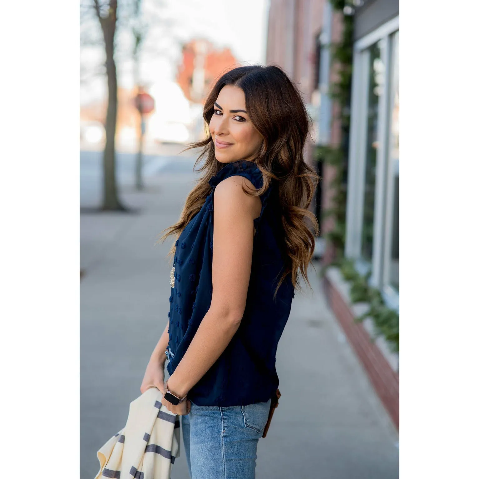Cinched Neck Ruffle Swiss Dot Tank