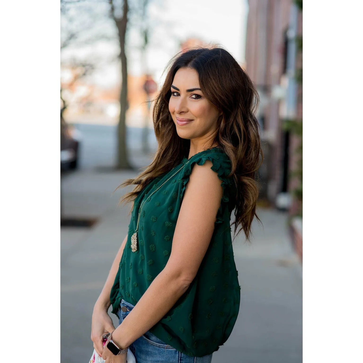 Cinched Neck Ruffle Swiss Dot Tank