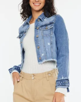 Crop Fray Hem Denim Jacket - Medium/Light Wash