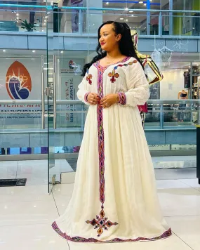 Cross Stitched Purple Habesha Dress: Handwoven Elegant Traditional Ethiopian Dress Perfect for Cultural Celebrations Beautiful  Habesha Kemis