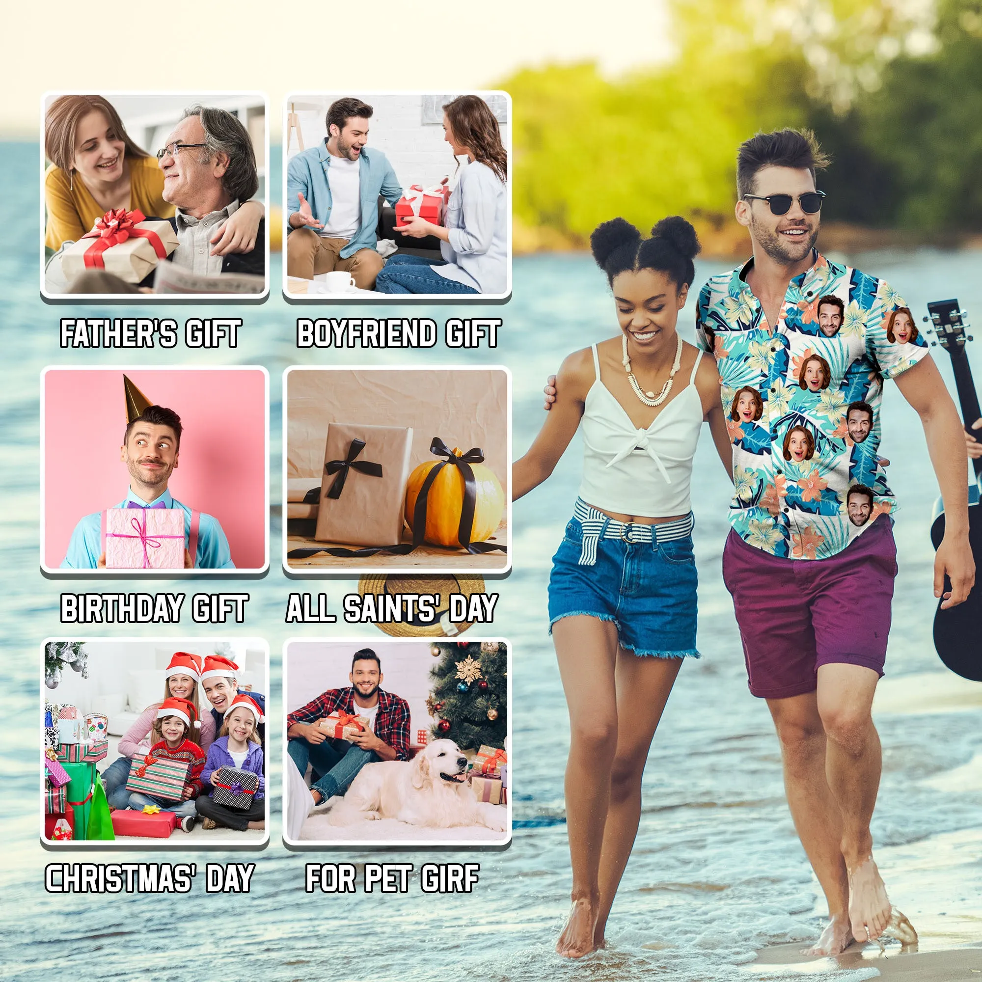Custom Boho Hawaiian Shirt with Face for Men Personalized Photo Beach Tropical Pineapple Floral Shirt Golf Aloha Shirt
