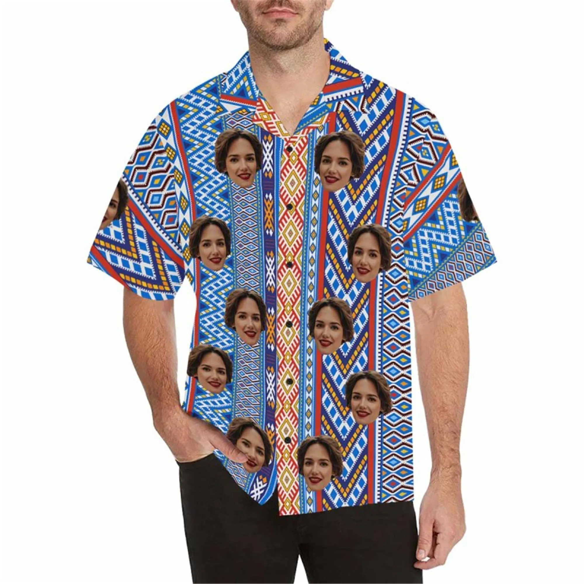 Custom Boho Hawaiian Shirt with Face for Men Personalized Photo Beach Tropical Pineapple Floral Shirt Golf Aloha Shirt