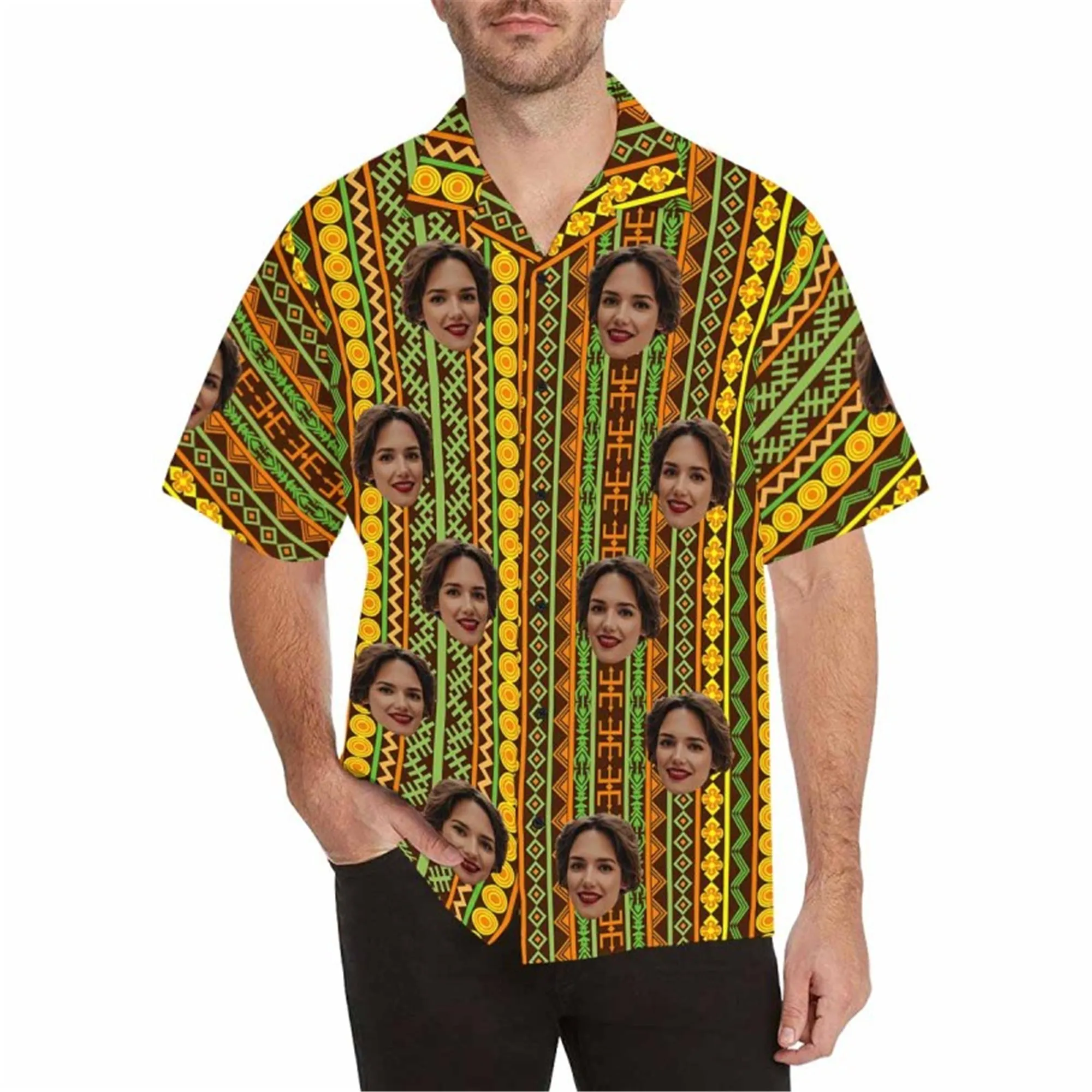 Custom Boho Hawaiian Shirt with Face for Men Personalized Photo Beach Tropical Pineapple Floral Shirt Golf Aloha Shirt