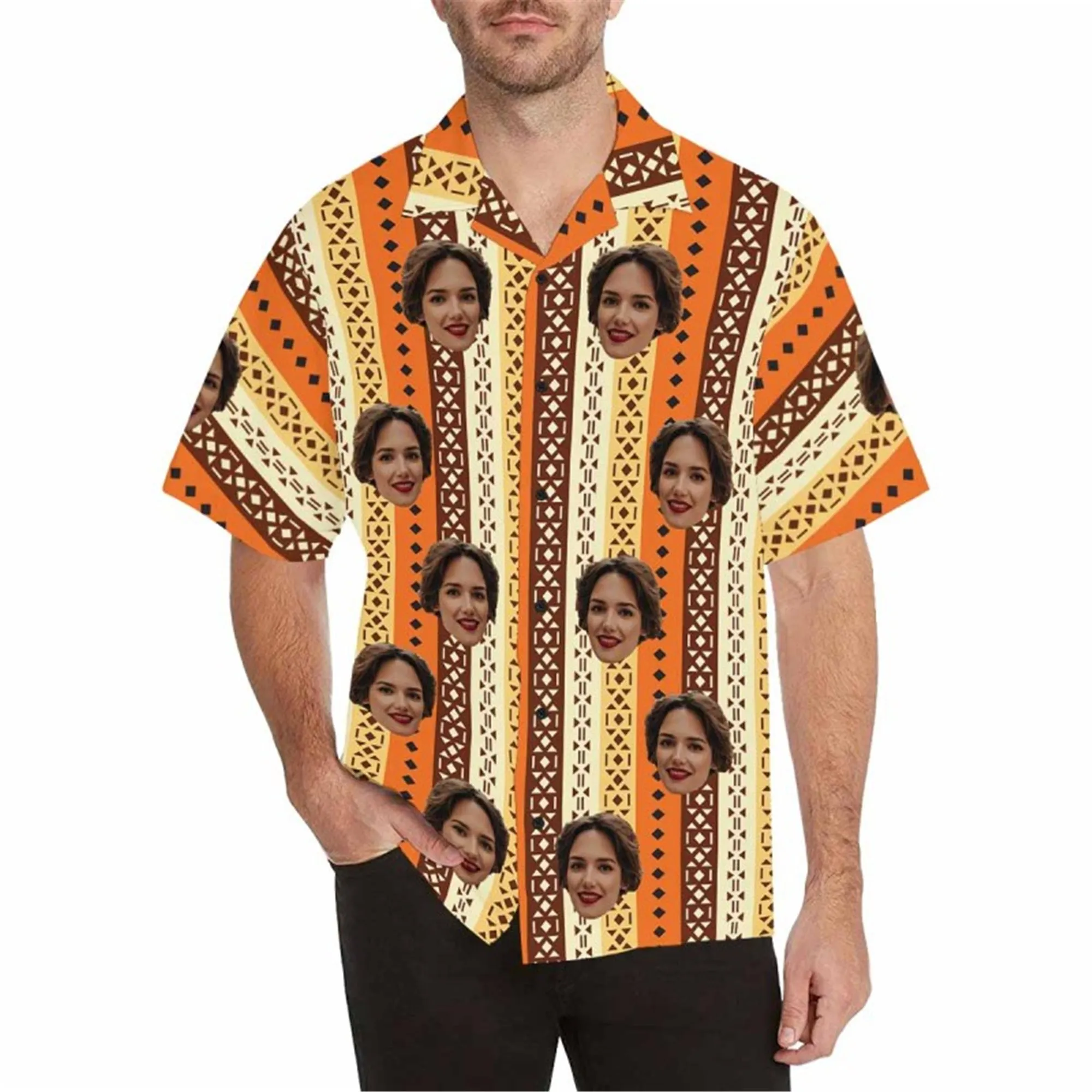 Custom Boho Hawaiian Shirt with Face for Men Personalized Photo Beach Tropical Pineapple Floral Shirt Golf Aloha Shirt