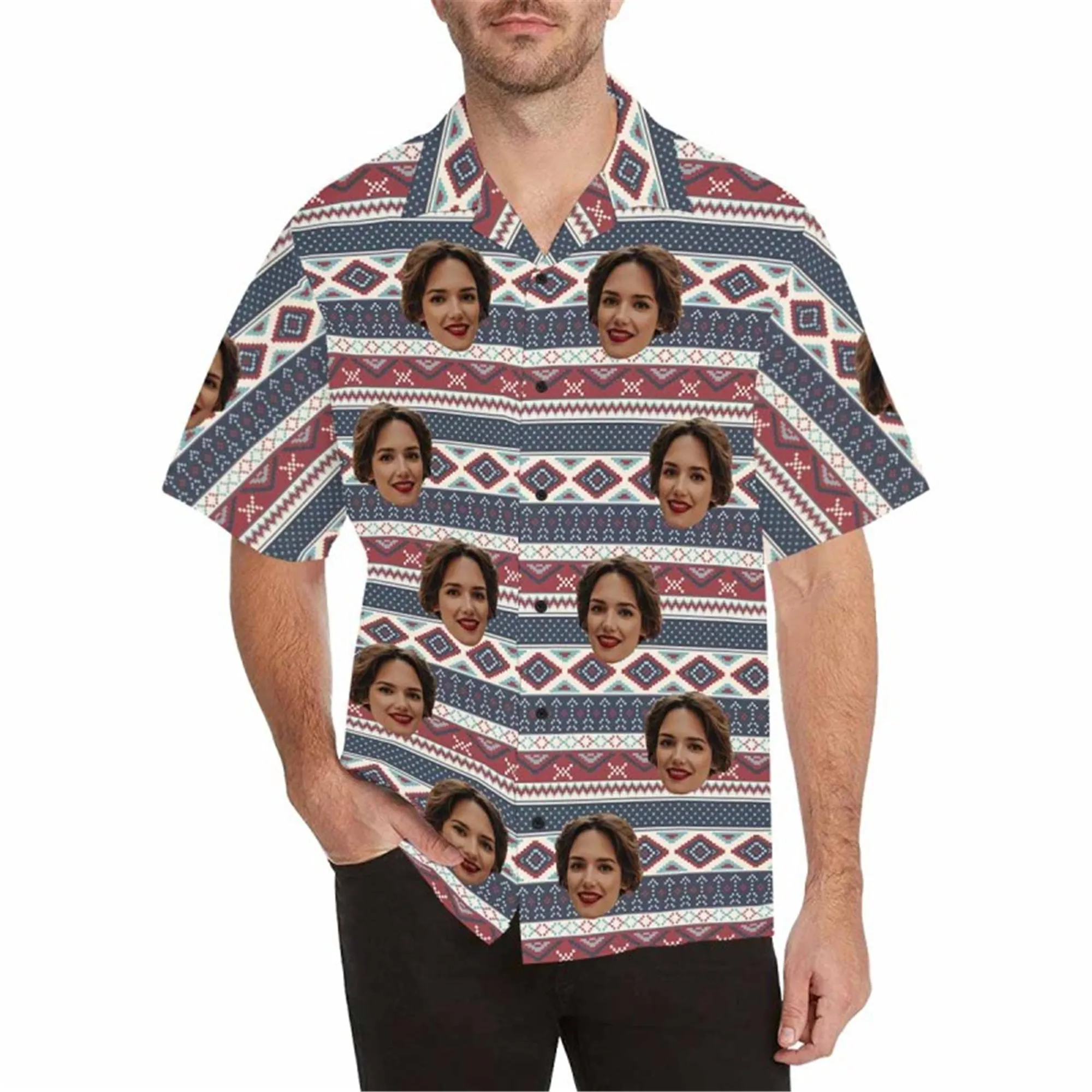 Custom Boho Hawaiian Shirt with Face for Men Personalized Photo Beach Tropical Pineapple Floral Shirt Golf Aloha Shirt