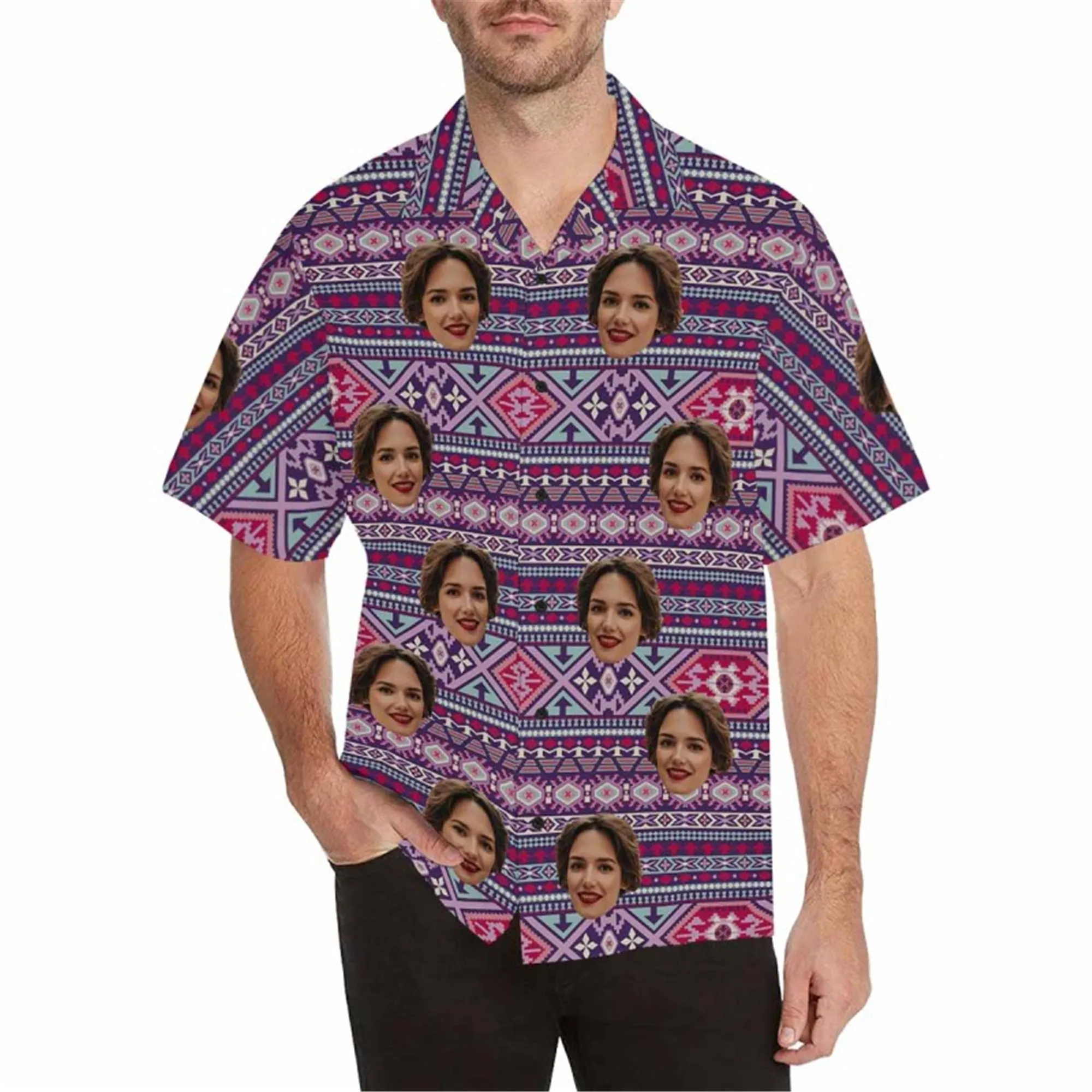 Custom Boho Hawaiian Shirt with Face for Men Personalized Photo Beach Tropical Pineapple Floral Shirt Golf Aloha Shirt