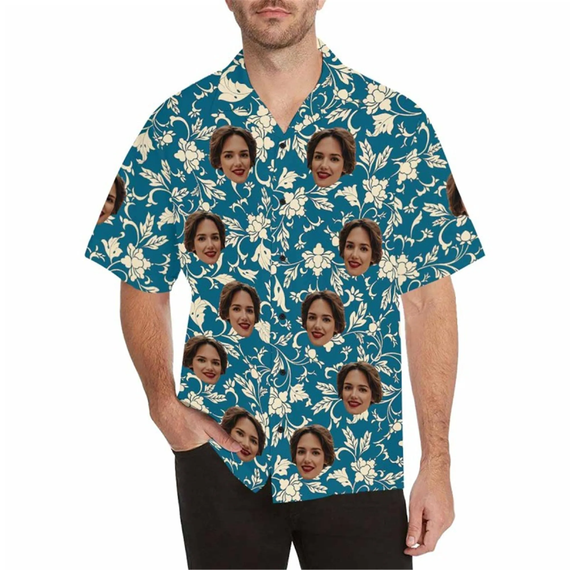 Custom Boho Hawaiian Shirt with Face for Men Personalized Photo Beach Tropical Pineapple Floral Shirt Golf Aloha Shirt