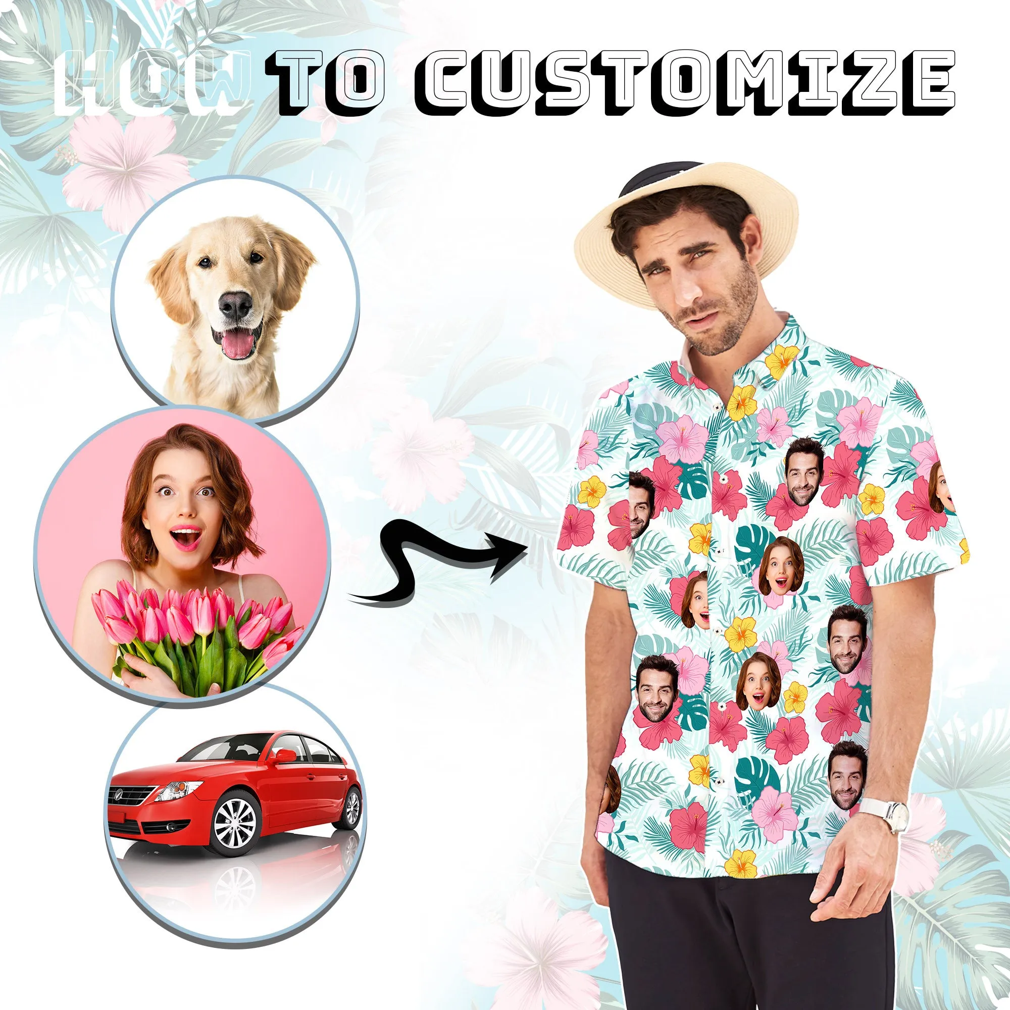 Custom Boho Hawaiian Shirt with Face for Men Personalized Photo Beach Tropical Pineapple Floral Shirt Golf Aloha Shirt