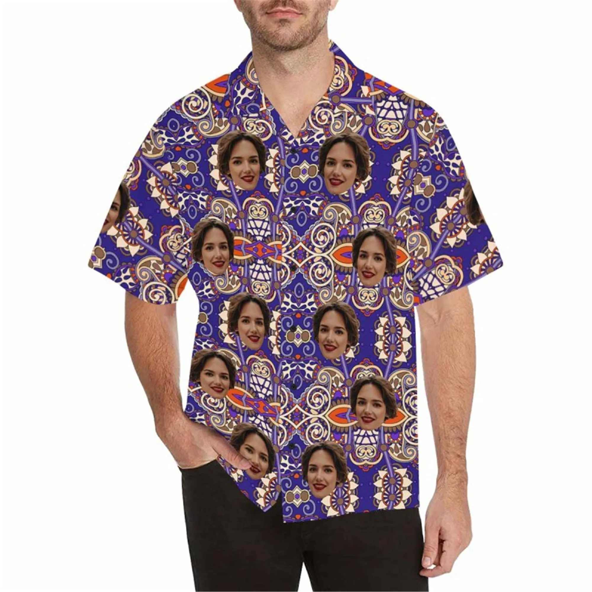 Custom Boho Hawaiian Shirt with Face for Men Personalized Photo Beach Tropical Pineapple Floral Shirt Golf Aloha Shirt