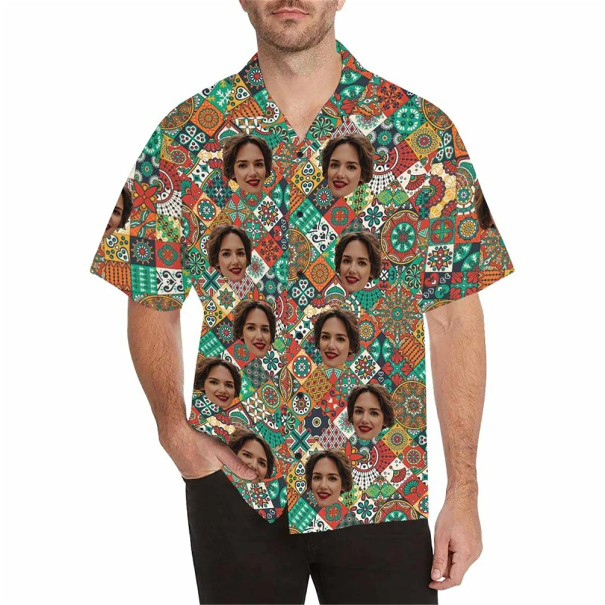 Custom Boho Hawaiian Shirt with Face for Men Personalized Photo Beach Tropical Pineapple Floral Shirt Golf Aloha Shirt