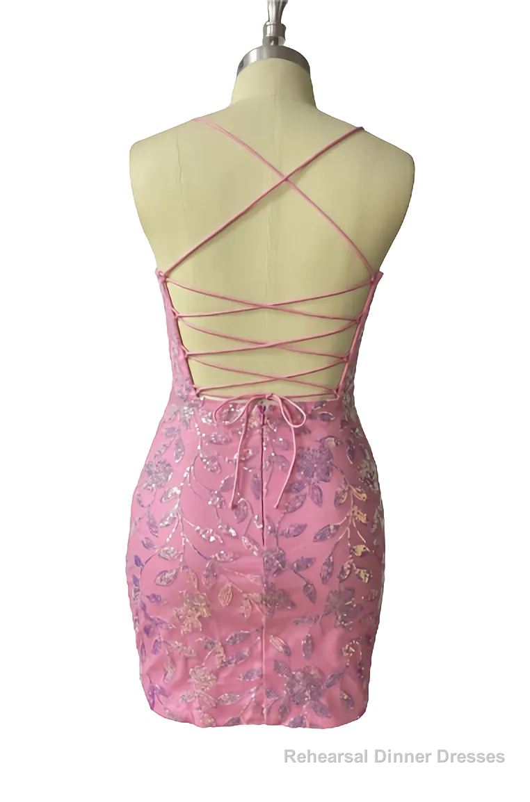 Cute Bodycon V Neck Blue Lace Homecoming Dresses