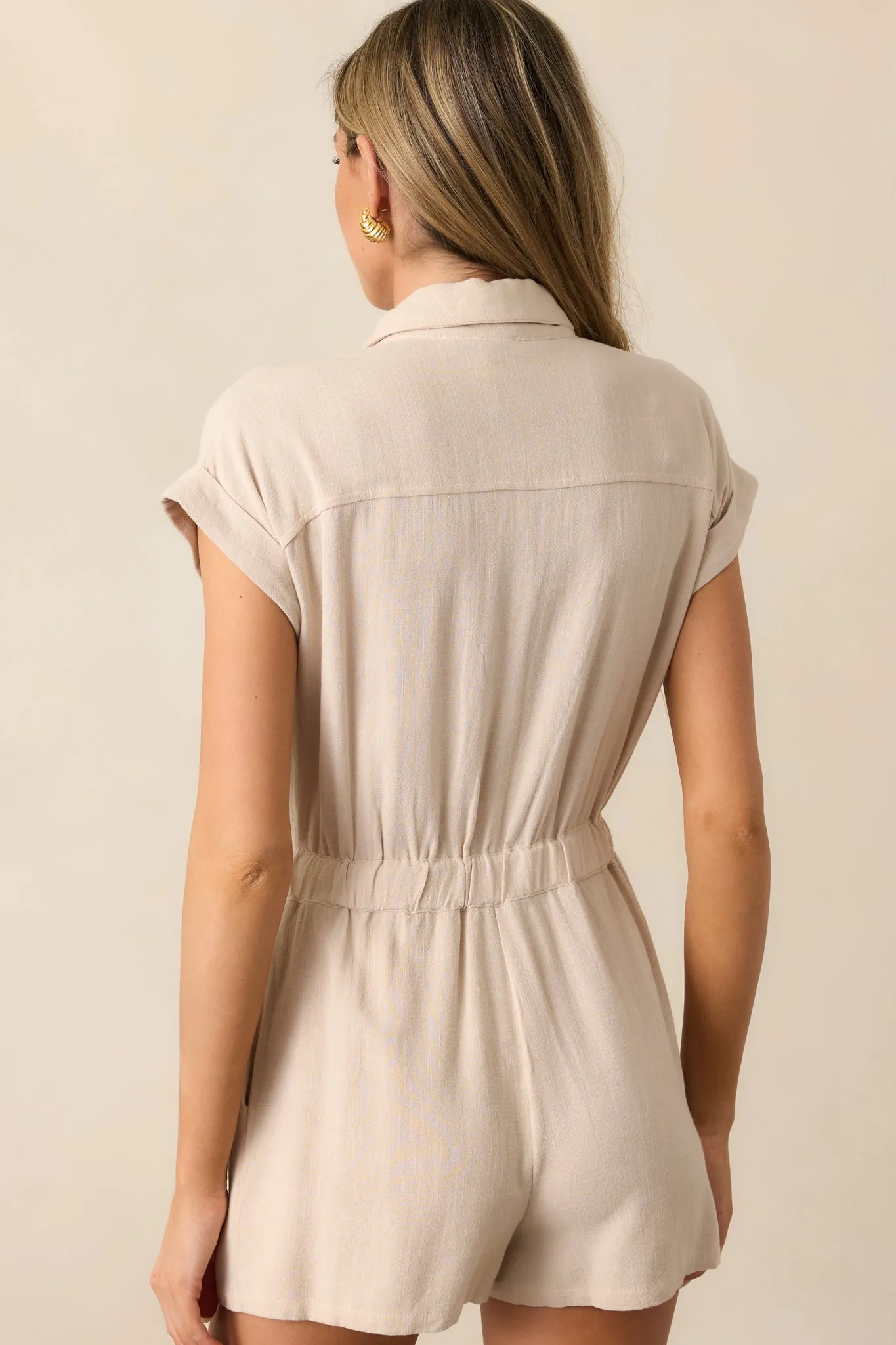 Dazzling Daybreak Taupe Button Front Romper