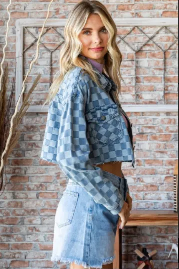Denim Check Print Crop Shirt Jacket