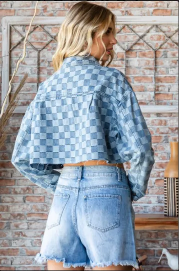 Denim Check Print Crop Shirt Jacket