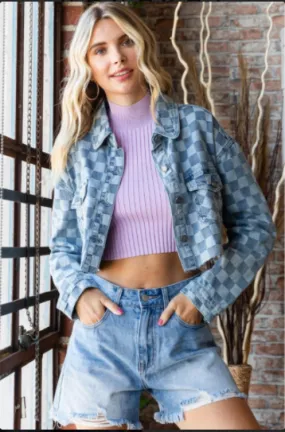 Denim Check Print Crop Shirt Jacket