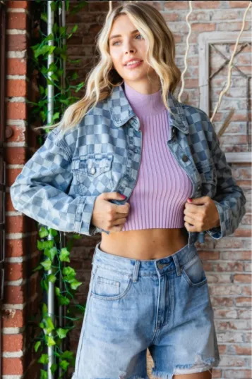 Denim Check Print Crop Shirt Jacket