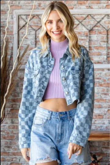 Denim Check Print Crop Shirt Jacket