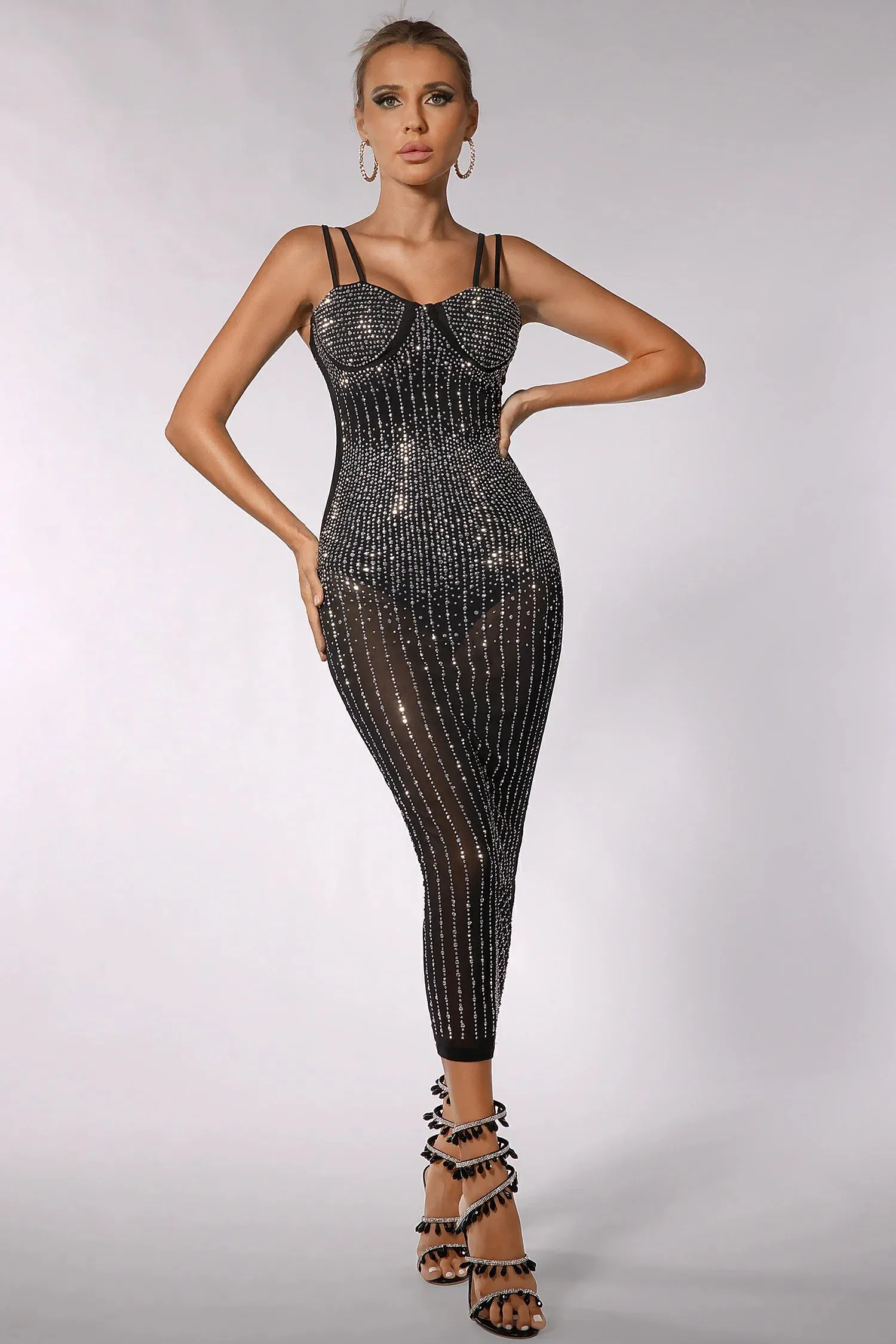 Dionne Spaghetti Strap Rhinestone Sheer Dress
