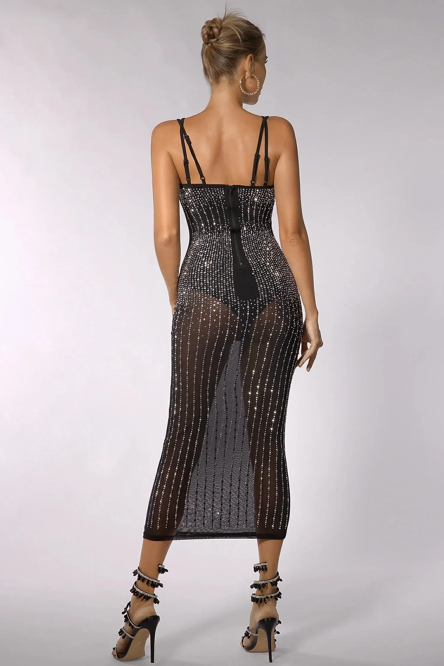 Dionne Spaghetti Strap Rhinestone Sheer Dress