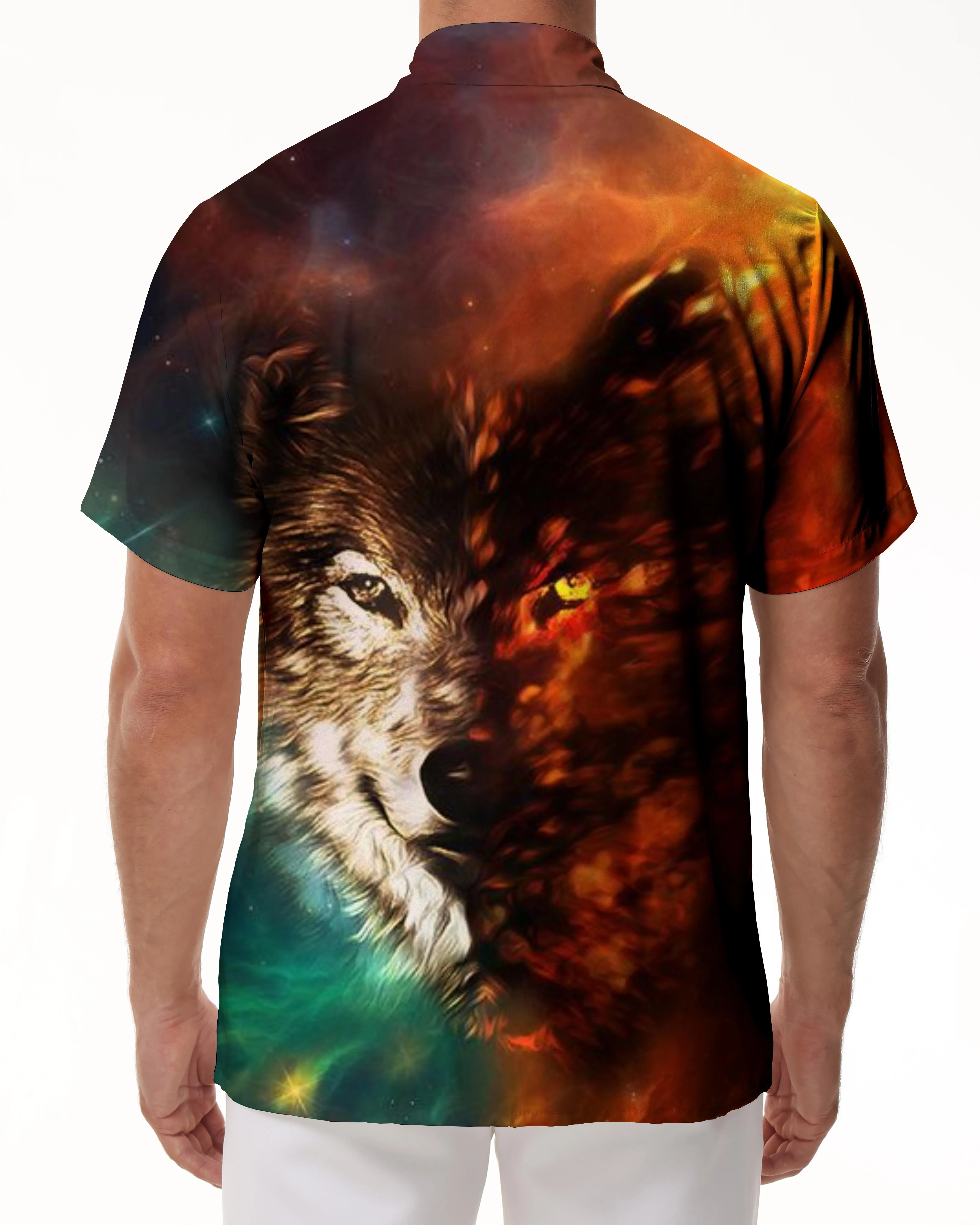 Double Eyes Two Color Wolf Head Print Pattern Hawaiian Button Men's Casual Shirt Short Sleeve Sand Color Beachwear Mixed Color