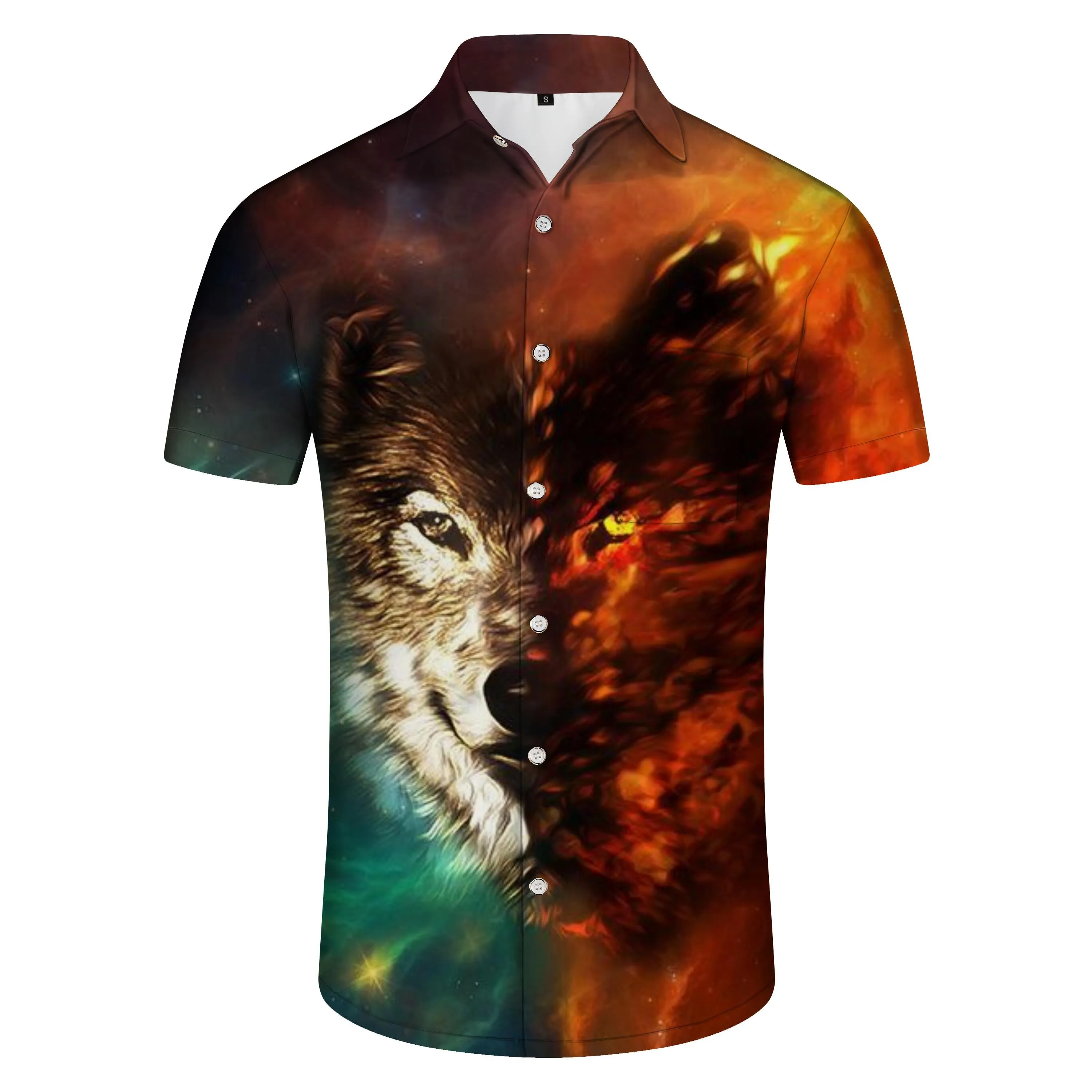 Double Eyes Two Color Wolf Head Print Pattern Hawaiian Button Men's Casual Shirt Short Sleeve Sand Color Beachwear Mixed Color