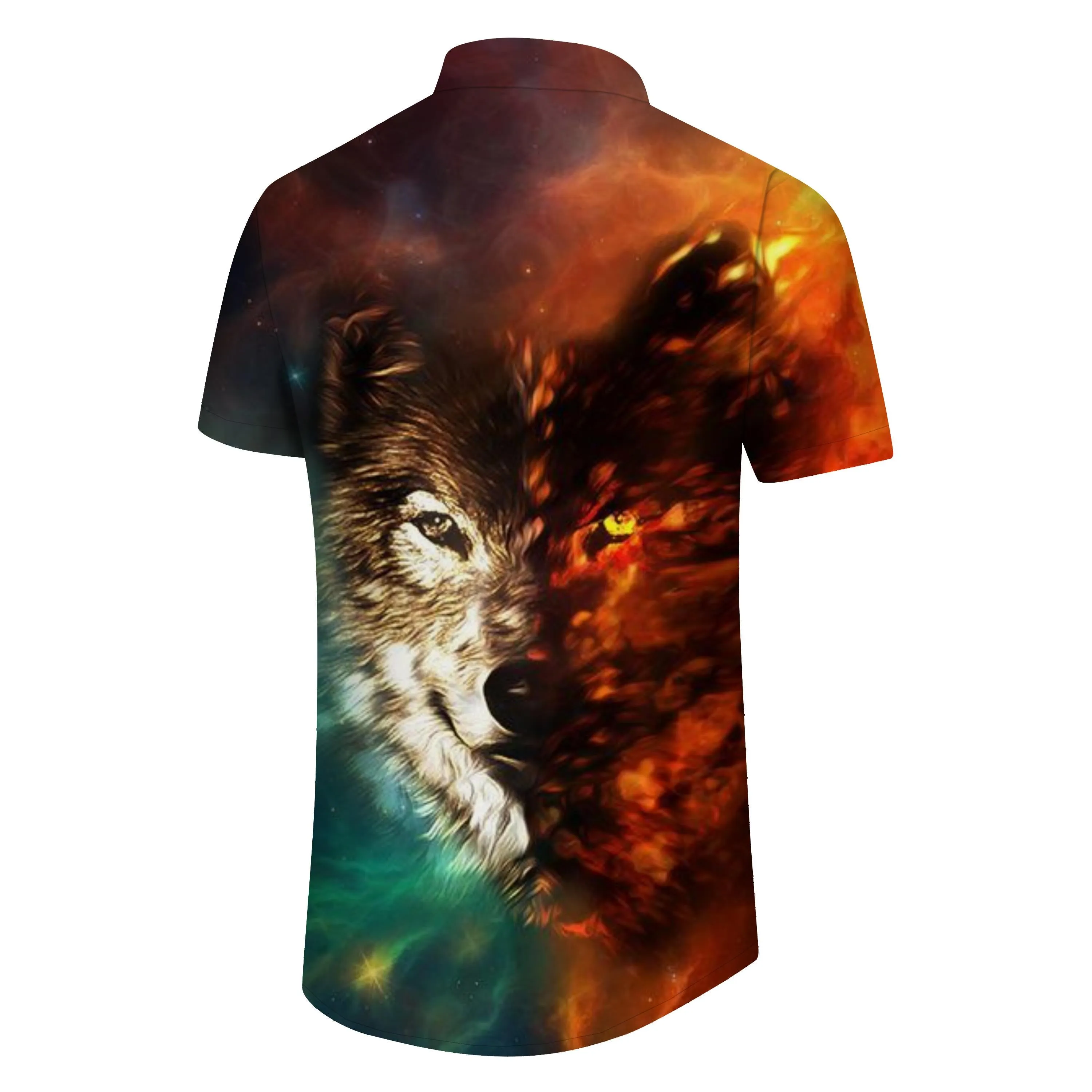Double Eyes Two Color Wolf Head Print Pattern Hawaiian Button Men's Casual Shirt Short Sleeve Sand Color Beachwear Mixed Color
