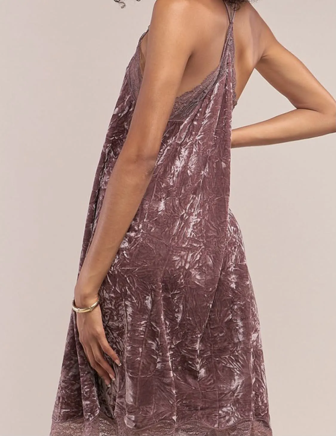 Dusty Lavender Lace Trimmed Crushed Velvet Slip Dress- LAST ONE!