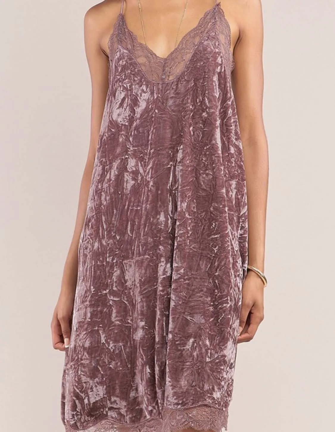 Dusty Lavender Lace Trimmed Crushed Velvet Slip Dress- LAST ONE!