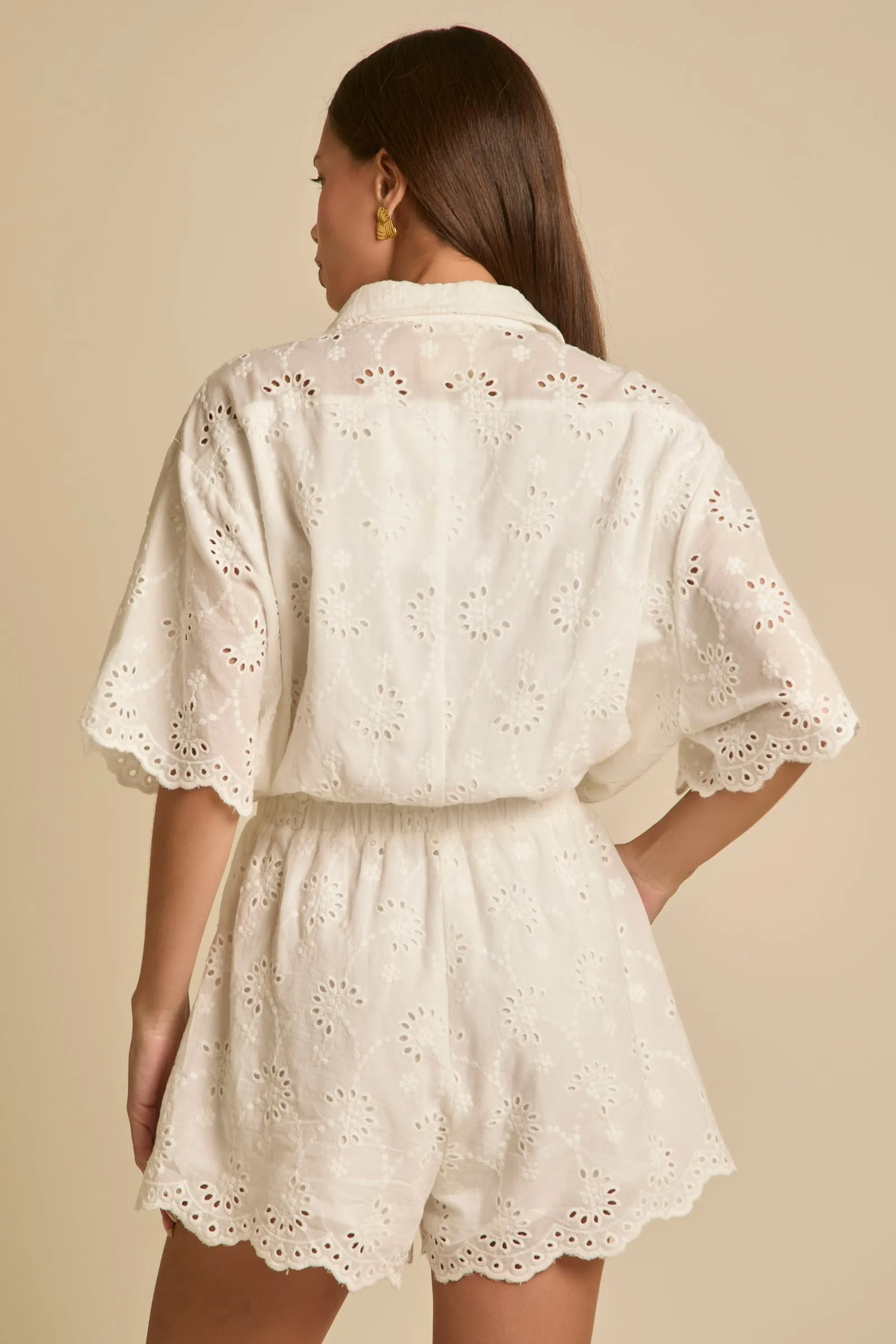 Eyelet Lace Pocket Detailed Button Front Romper