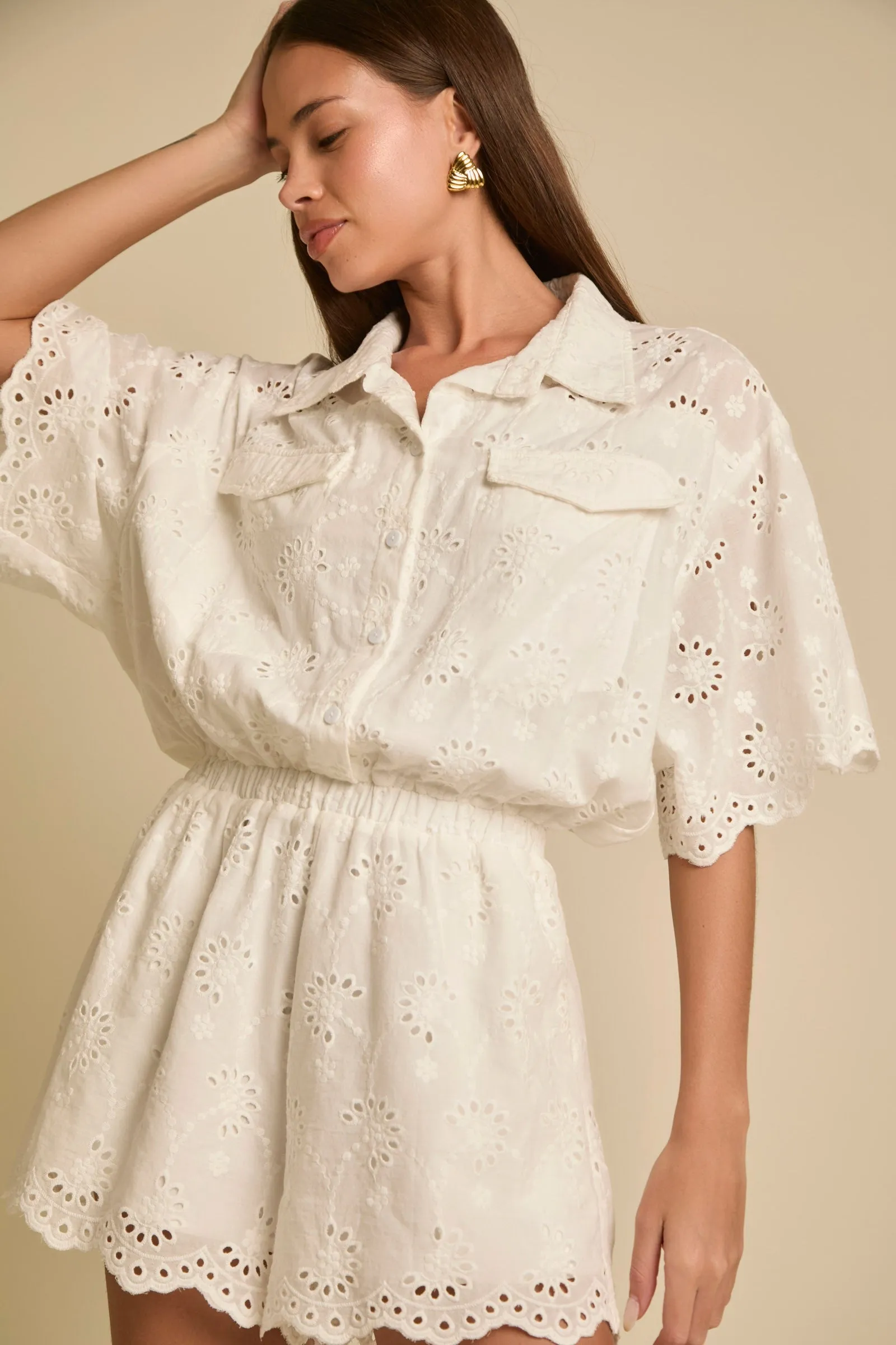 Eyelet Lace Pocket Detailed Button Front Romper