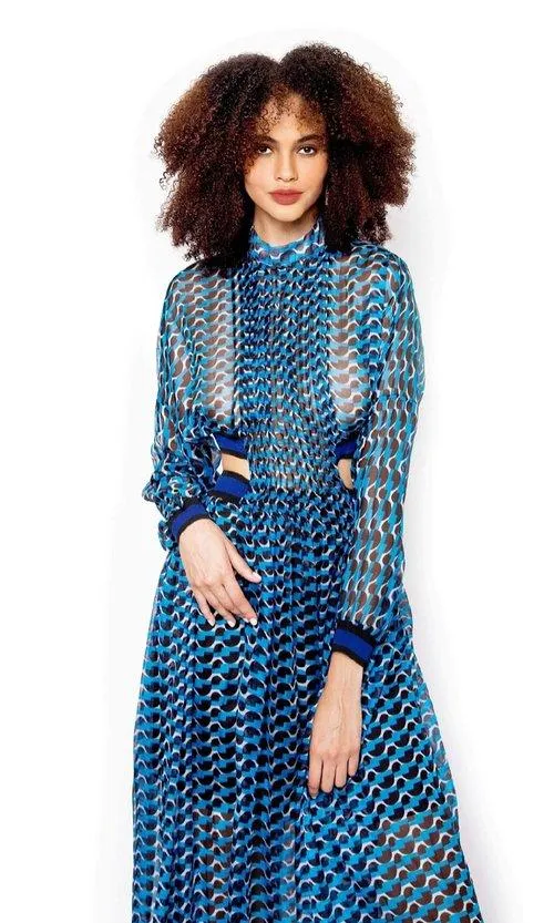 faux blue printed chiffon side cut out midi flowy dress gown - Terai
