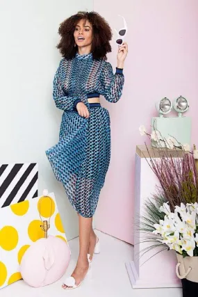 faux blue printed chiffon side cut out midi flowy dress gown - Terai