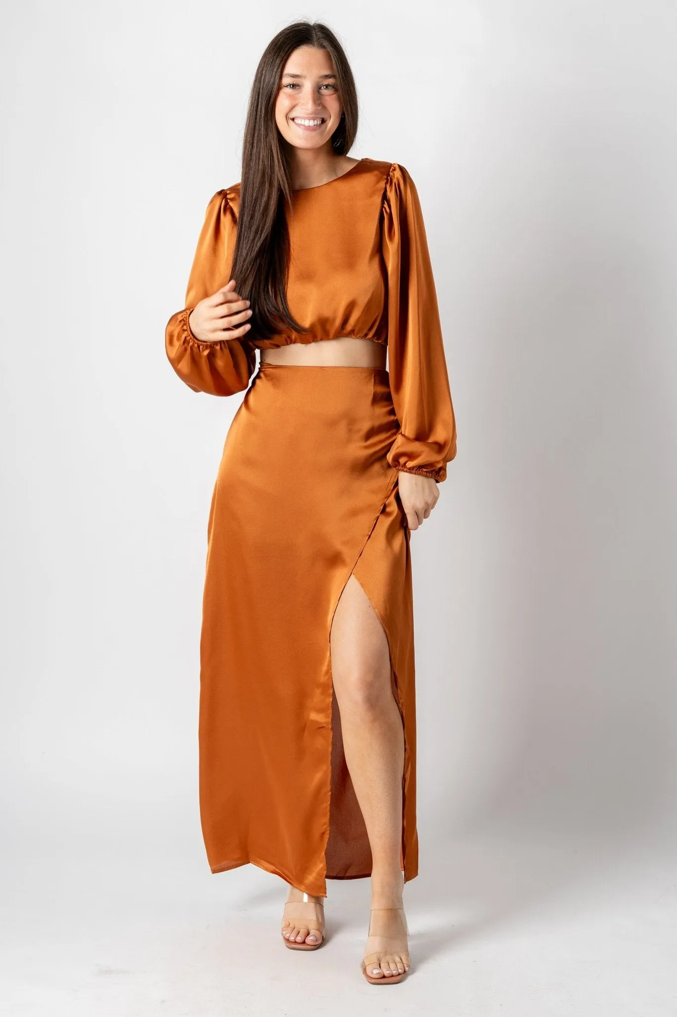 Faux wrap maxi skirt camel