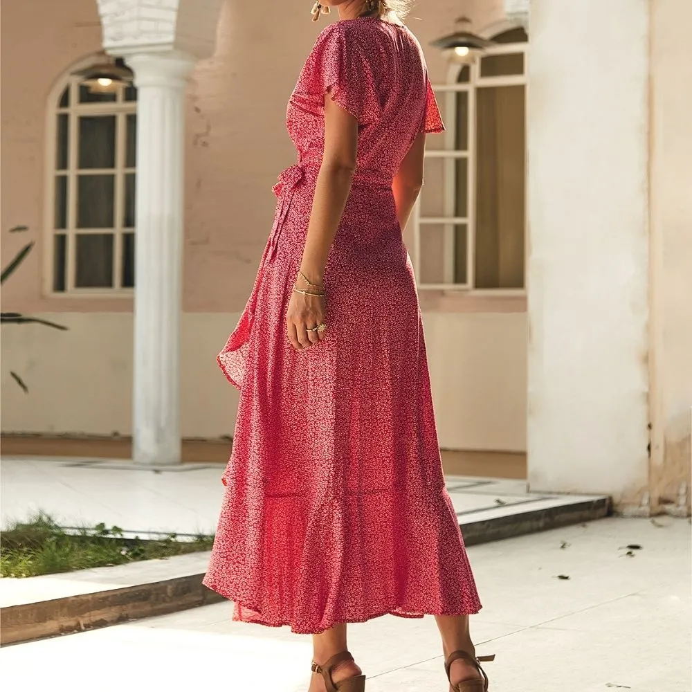 Floral Asymmetric Hem Wrap Dress