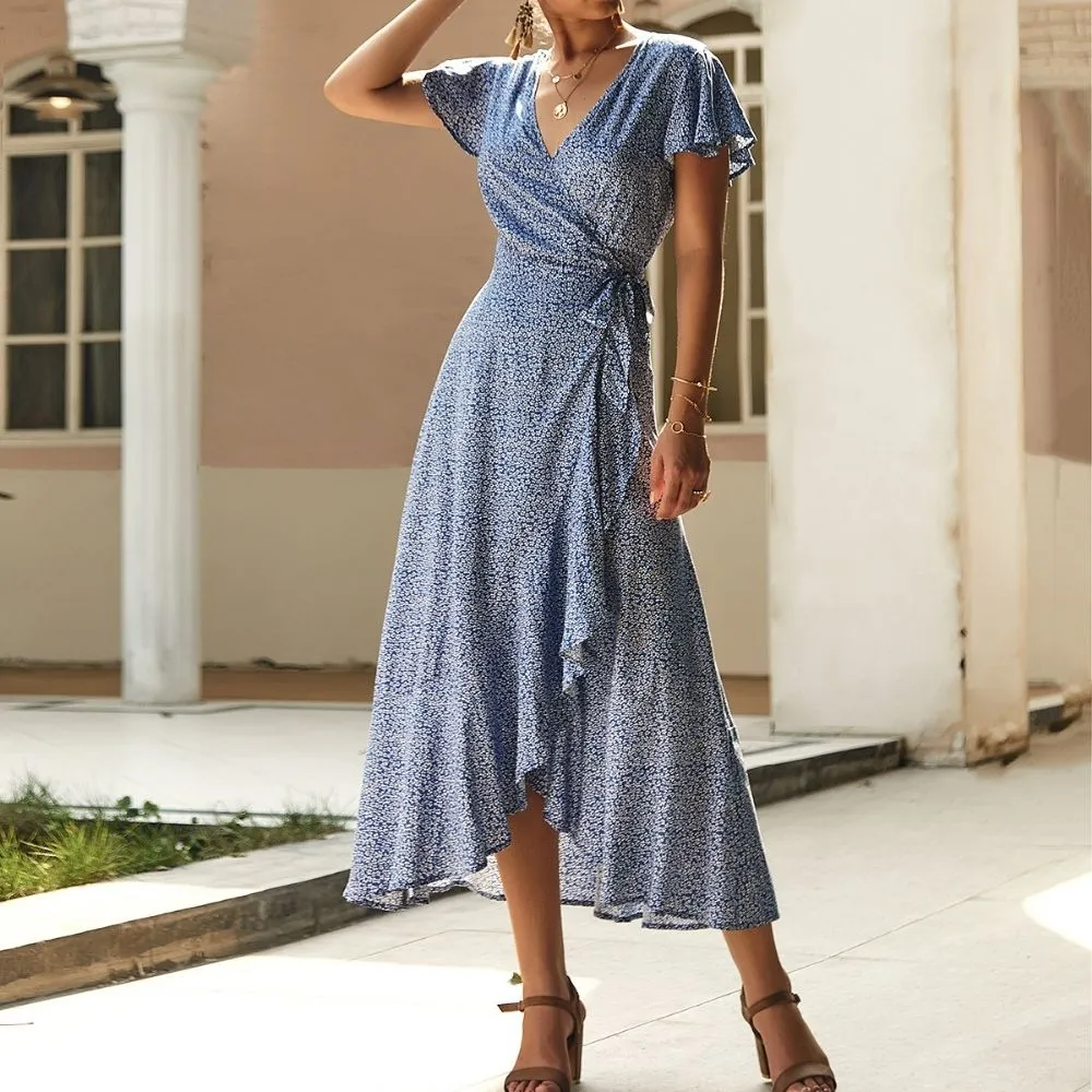 Floral Asymmetric Hem Wrap Dress